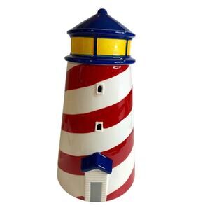 Cheryl's Ceramic Lidded Lighthouse Jar Open Windows 13 Inches Height